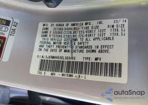 2014 Honda Cr-V Ex z USA, uszkodzony, nr VIN 5J6RM4H55EL065445